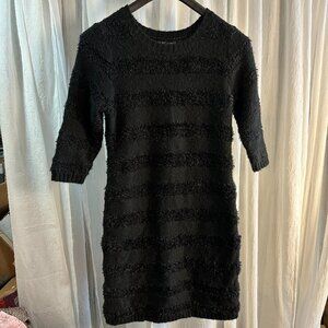 T/O Black Mini Textured Knit Shag Sweater Dress Womens Size Large 3/4 Sleeve   E